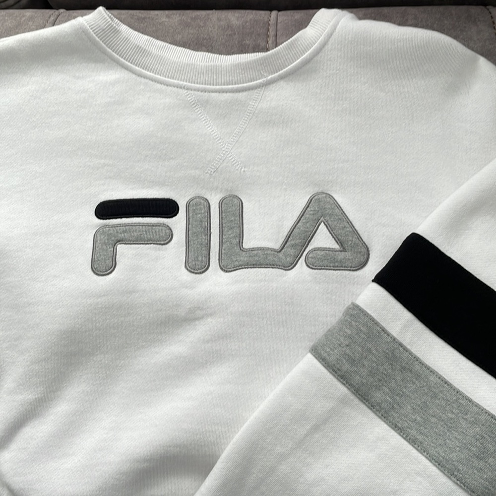 FILA VINTAGE 90s LOGO SWEATSHIRT CREWNECK STRIPE WHITE BLACK GREY LARGE WOMENS